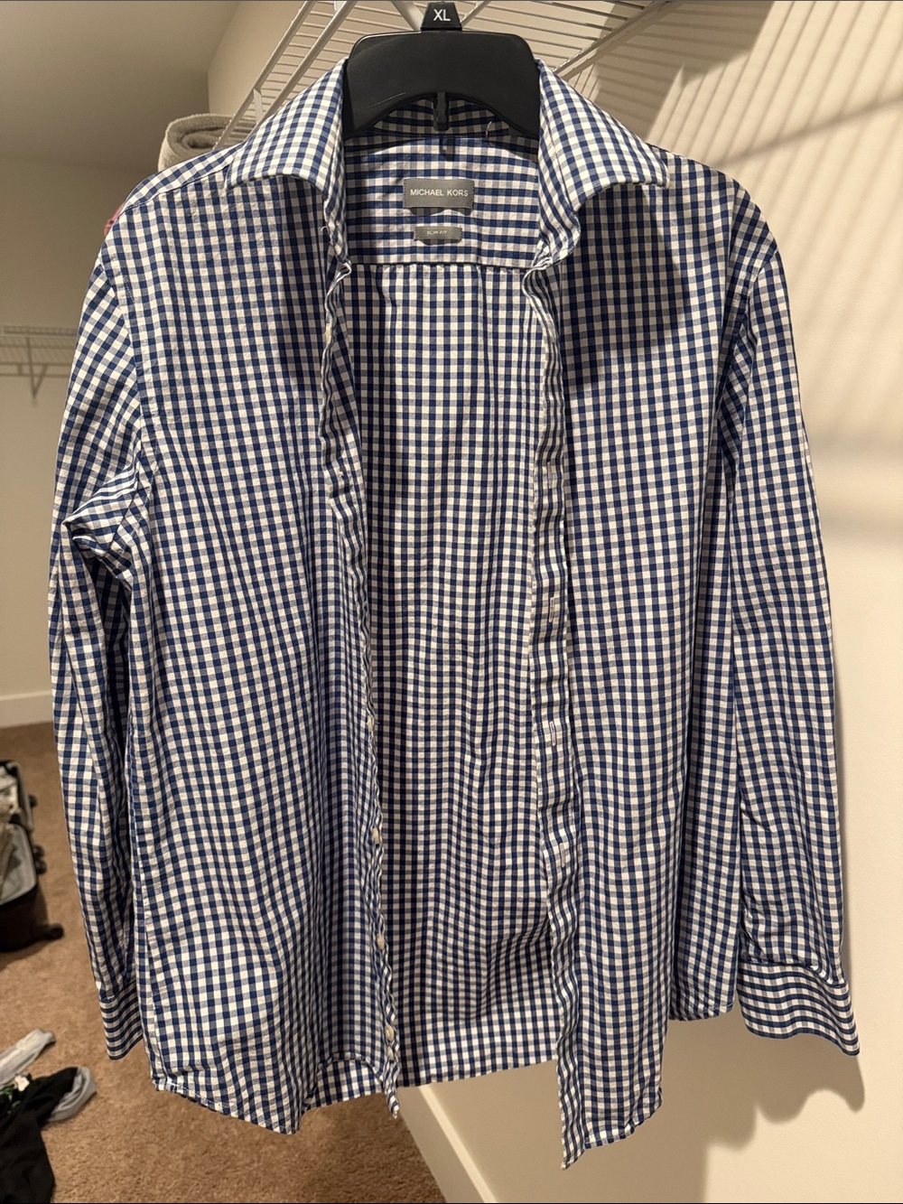 Michael Kors Men’s Blue and White Gingham Slim Fit Button-Down Shirt